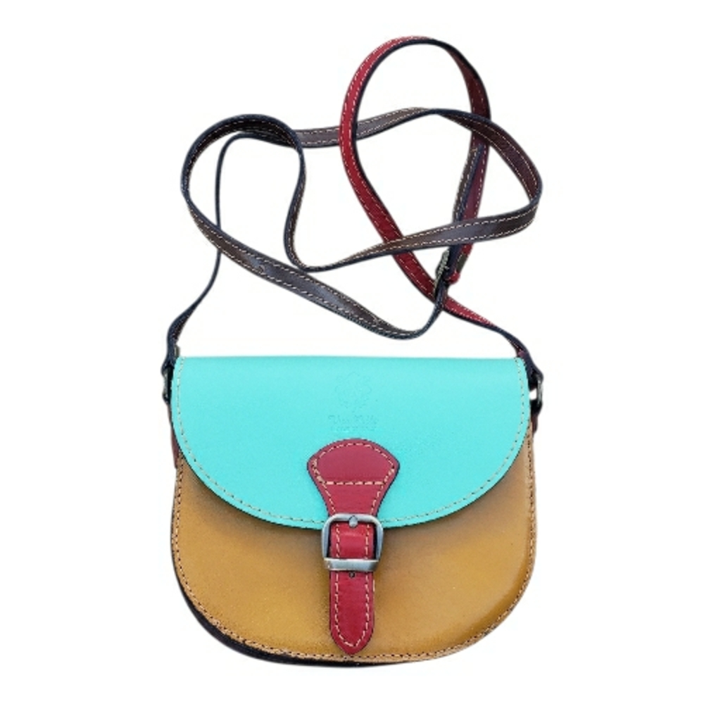 Vera Pelle Turquoise and Tan Crossbody Bag From Florence, Handmade In Italy.